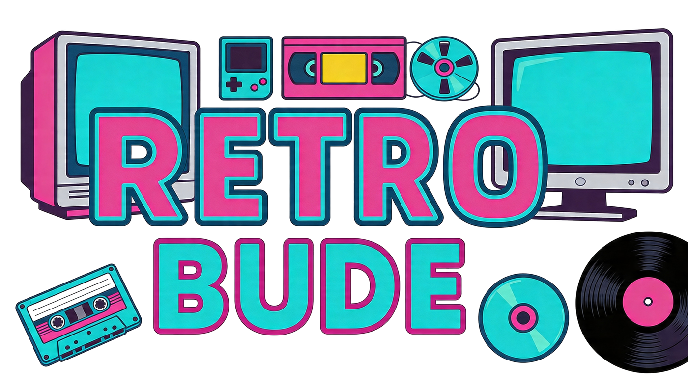 Retro-Bude Banner mit CRT-Monitoren, Gameboy, VHS-Kassette, Diskette und Schallplatte